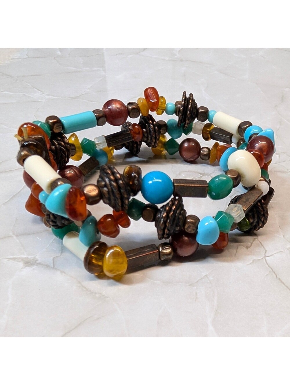 Multi Strand Stretch Bracelet Multicolor Beaded Boho Southwestern Glass Stone